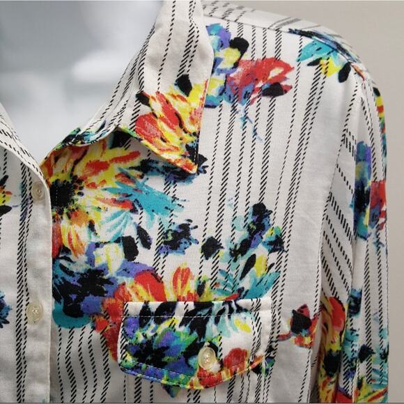 French Laundry Striped Floral Spring Ivory Button Front Long Sleeve Top Small - Picture 6 of 13